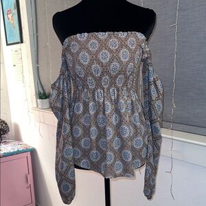 Charlotte Russe Off-Shoulder Smocked Blouse in Taupe and Blue Floral